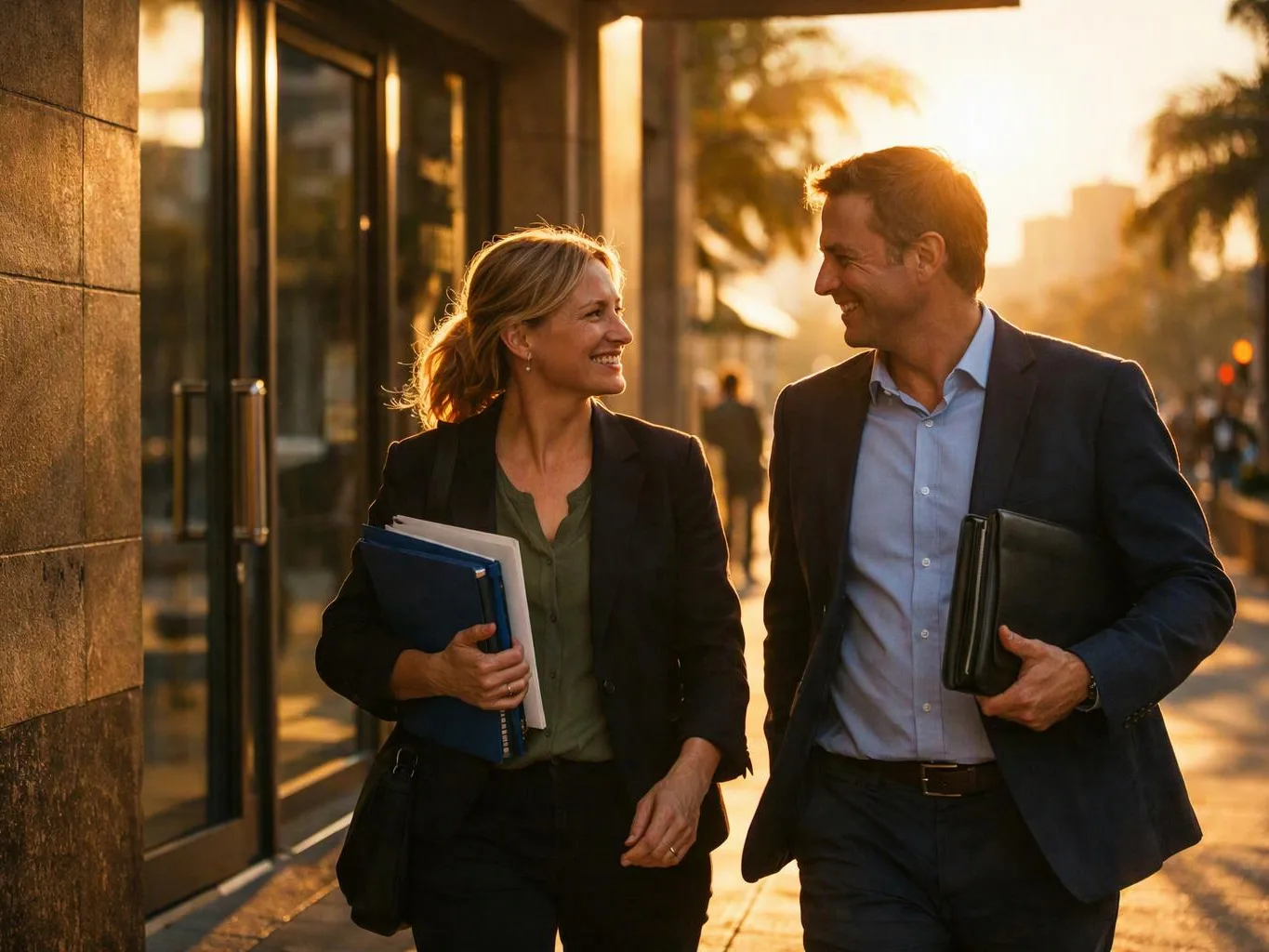 Two businesspeople walk and smile outside a glass building at sunset, carrying folders and a briefcase