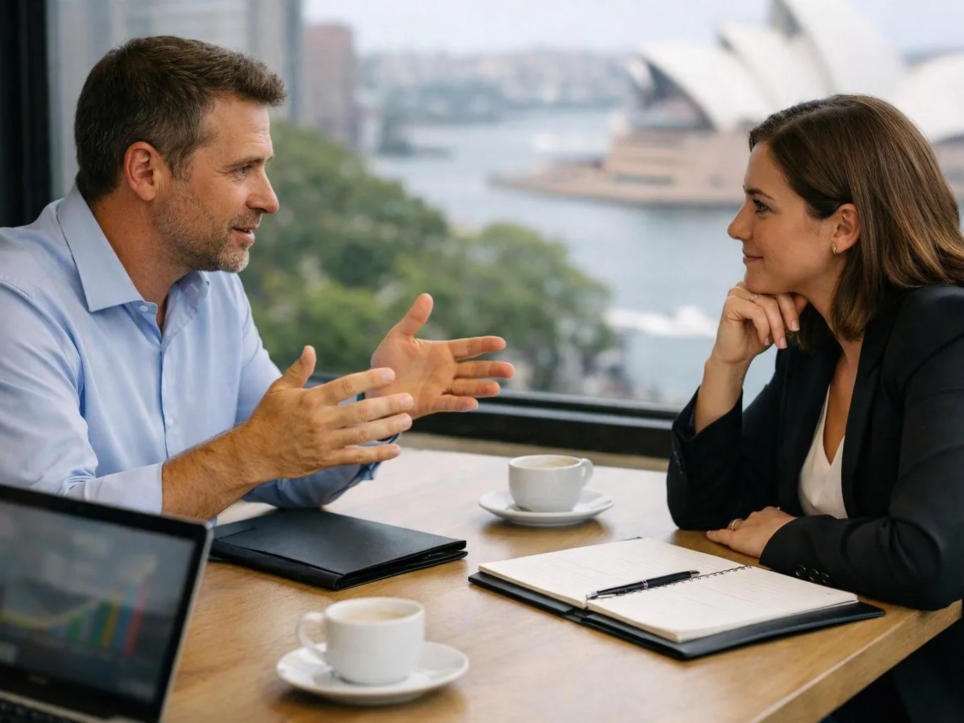 Two colleagues talk at a table with notebooks and coffee, with a harbor skyline visible through the window