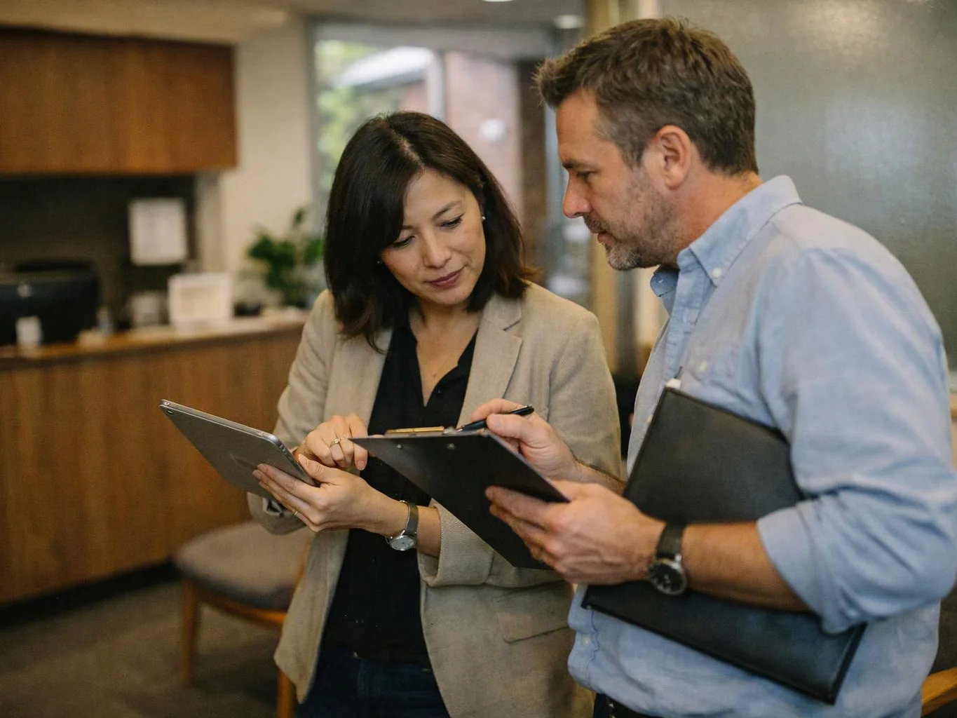 Two coworkers review clipboards together in a bright office lobby