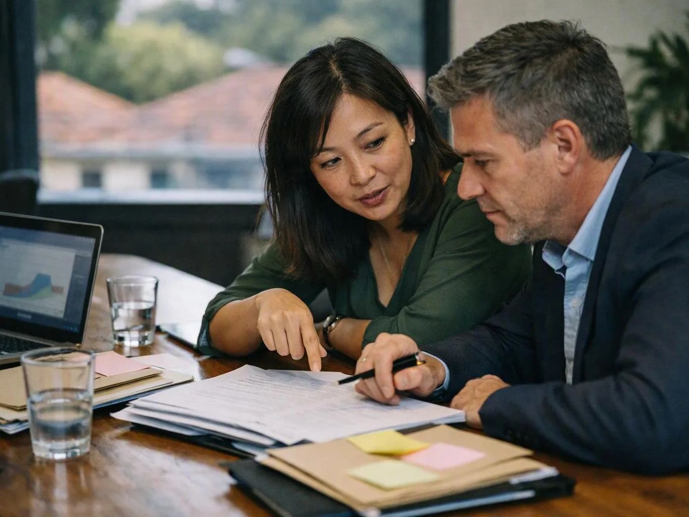 Two coworkers review papers at a conference table, one pointing while a laptop and water glasses sit nearby