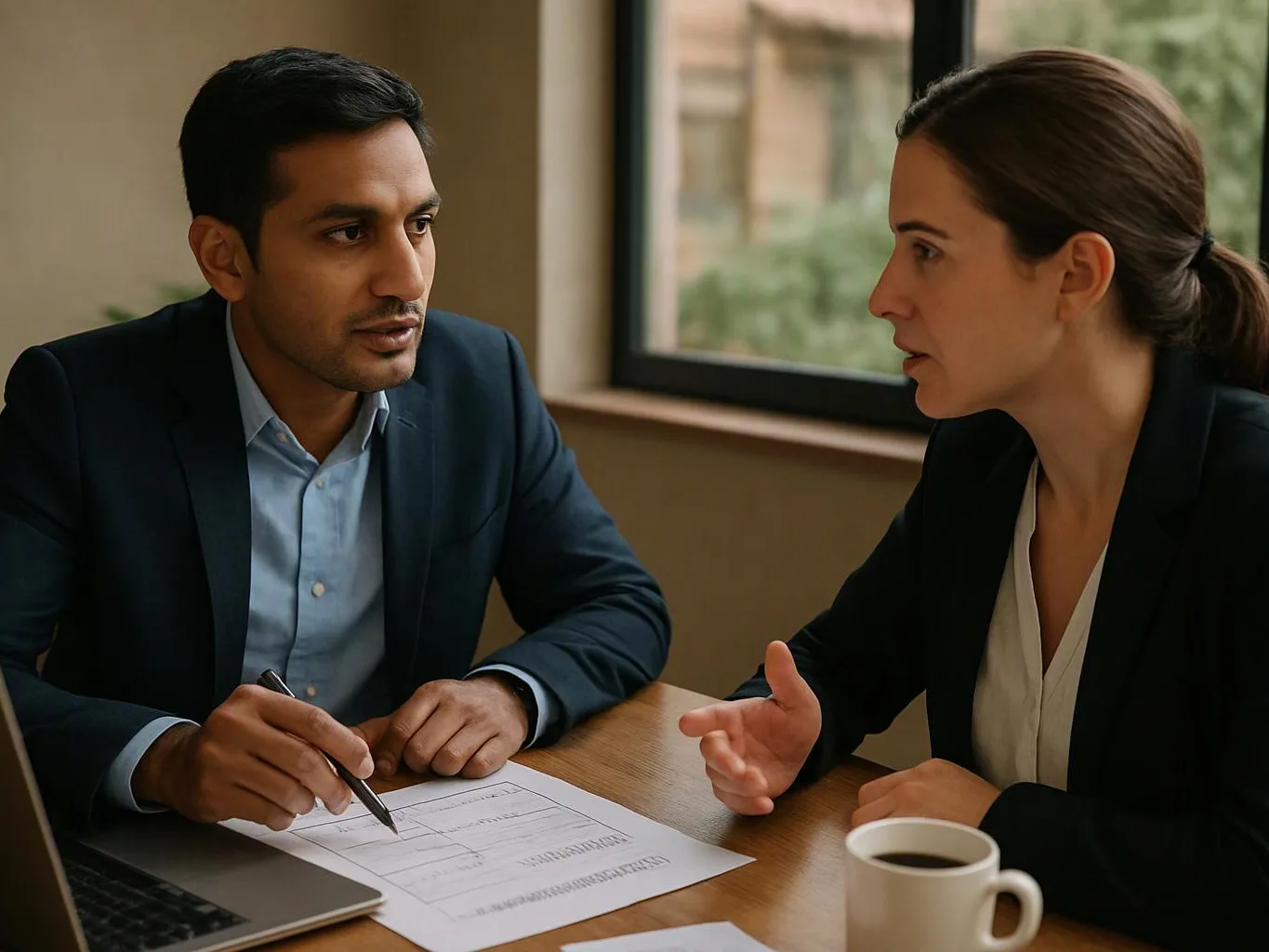 Two coworkers sit at a table, talking over a printed form with a laptop and coffee cup nearby