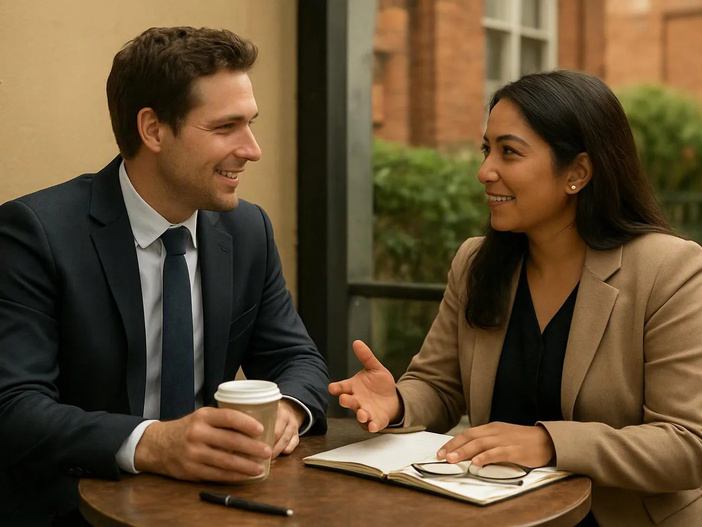 Two coworkers smile and talk at a café table with a coffee cup, notebook, and glasses