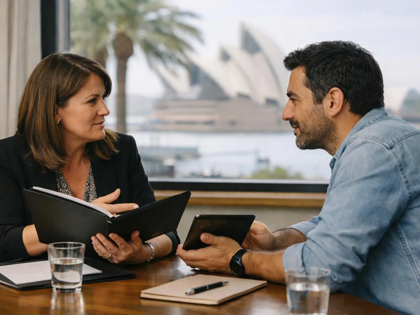 Two coworkers talk across a table, with notebooks, glasses, and a city landmark visible through the window