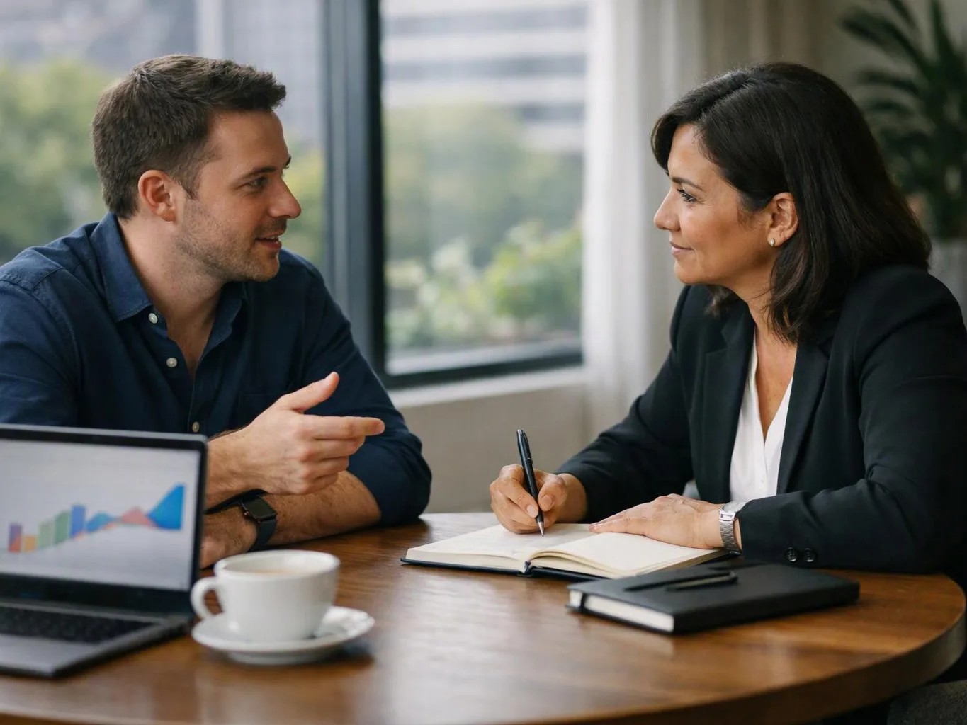 Two coworkers talk at a table, one pointing while the other writes in a notebook beside a laptop and coffee cup