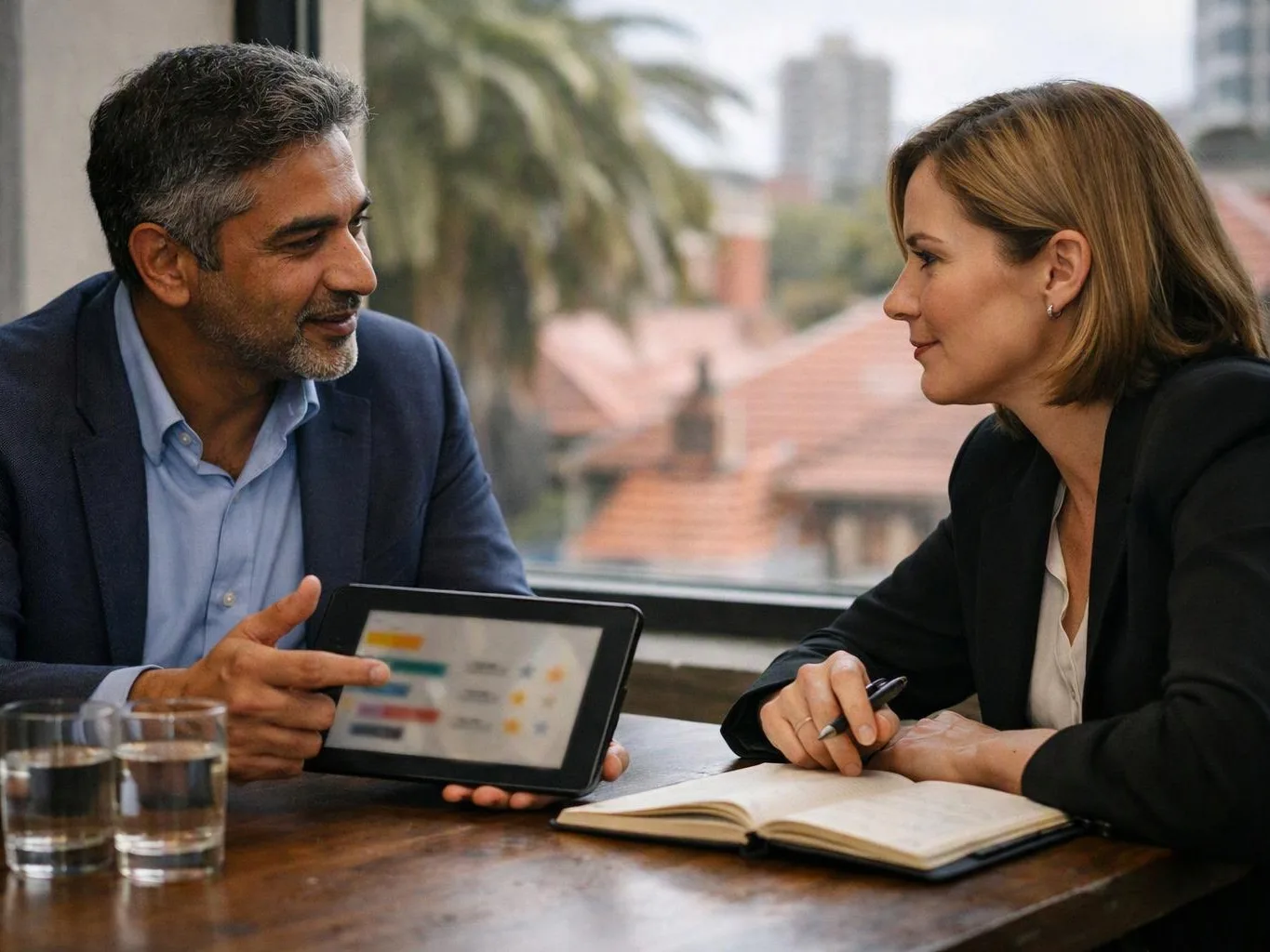 Two coworkers talk at a table, one showing a tablet while the other takes notes in an open notebook