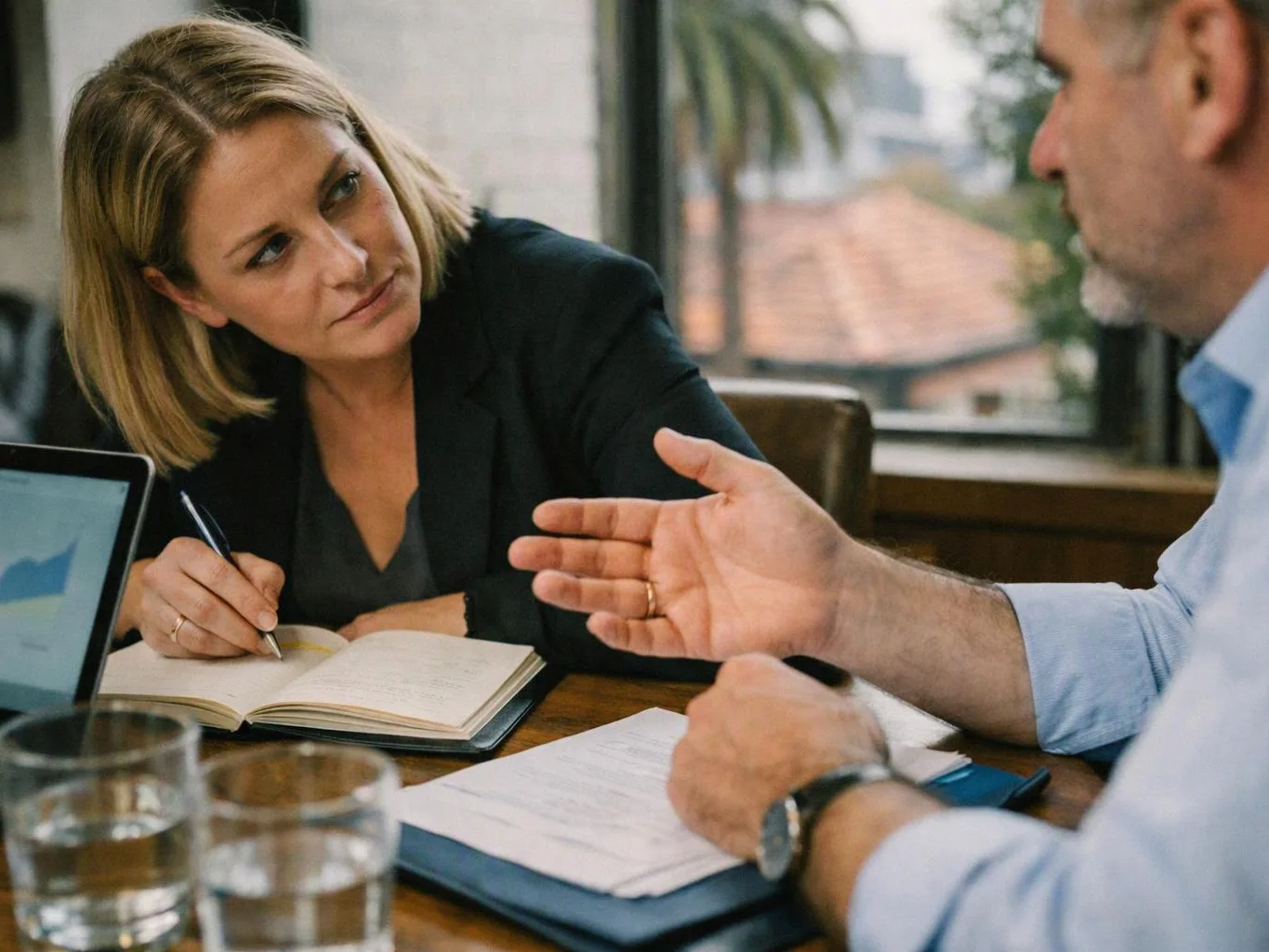 Two coworkers talk at a table, one taking notes in a notebook while the other gestures beside papers and a laptop