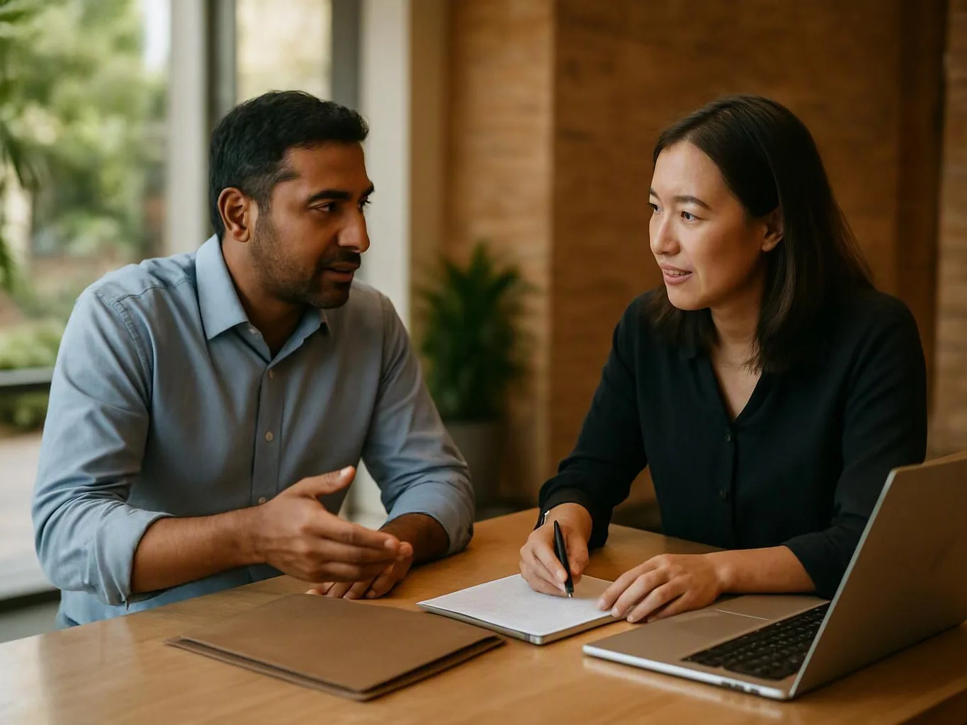 Two coworkers talk at a wooden table while one writes in a notebook beside an open laptop