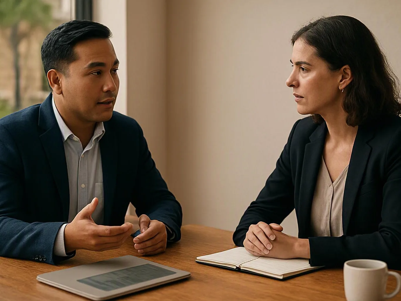 Two people in blazers sit across a wooden table, talking beside a notebook, tablet, and coffee mug
