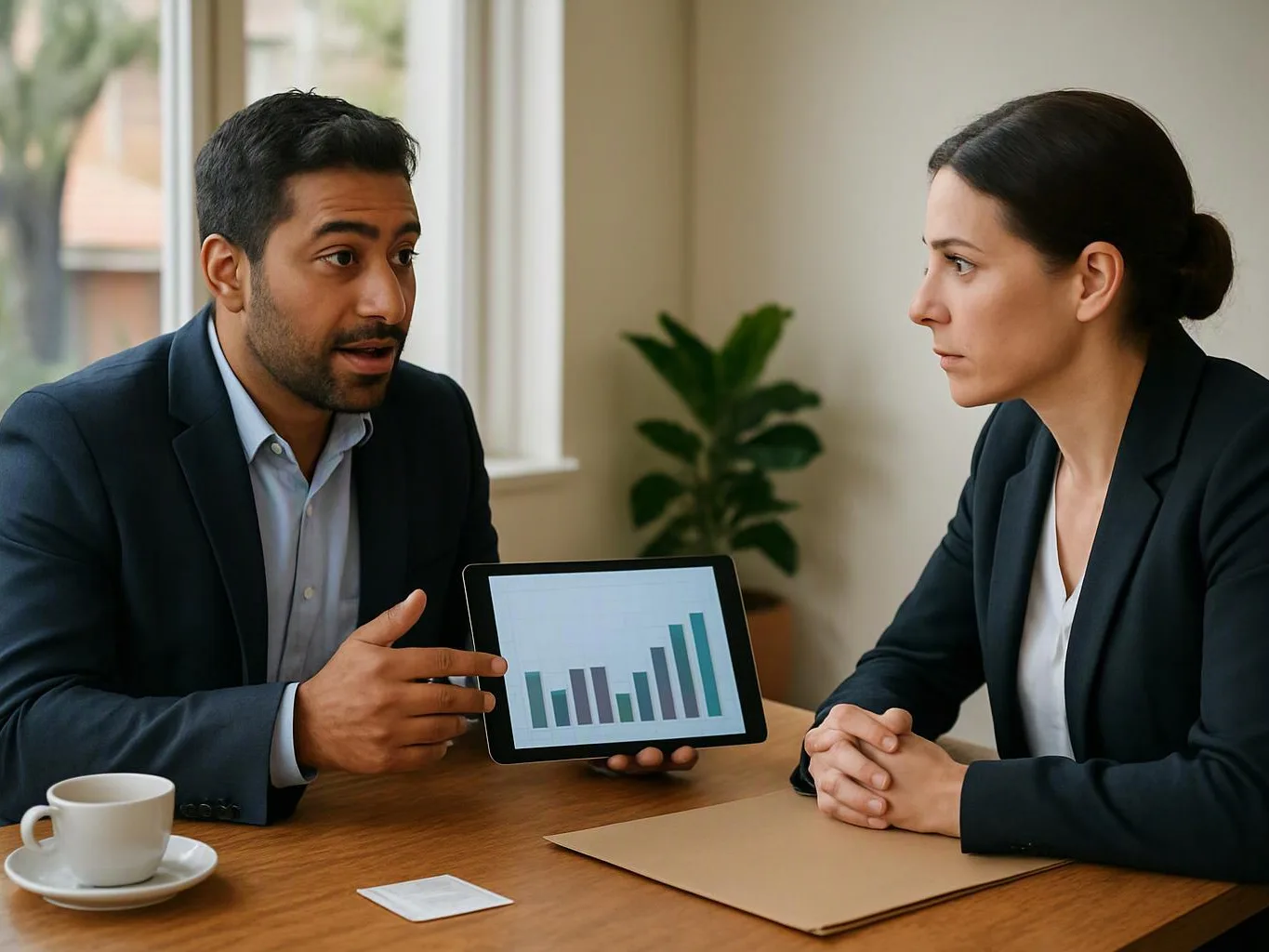 Two people in business attire discuss a bar chart on a tablet across a wooden table in a bright office