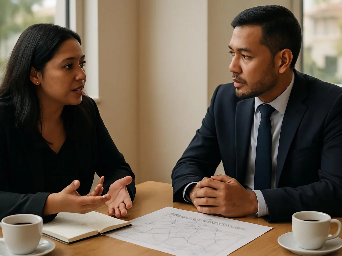 Two people in business attire talk at a table with notebooks, papers, and coffee cups in a bright office