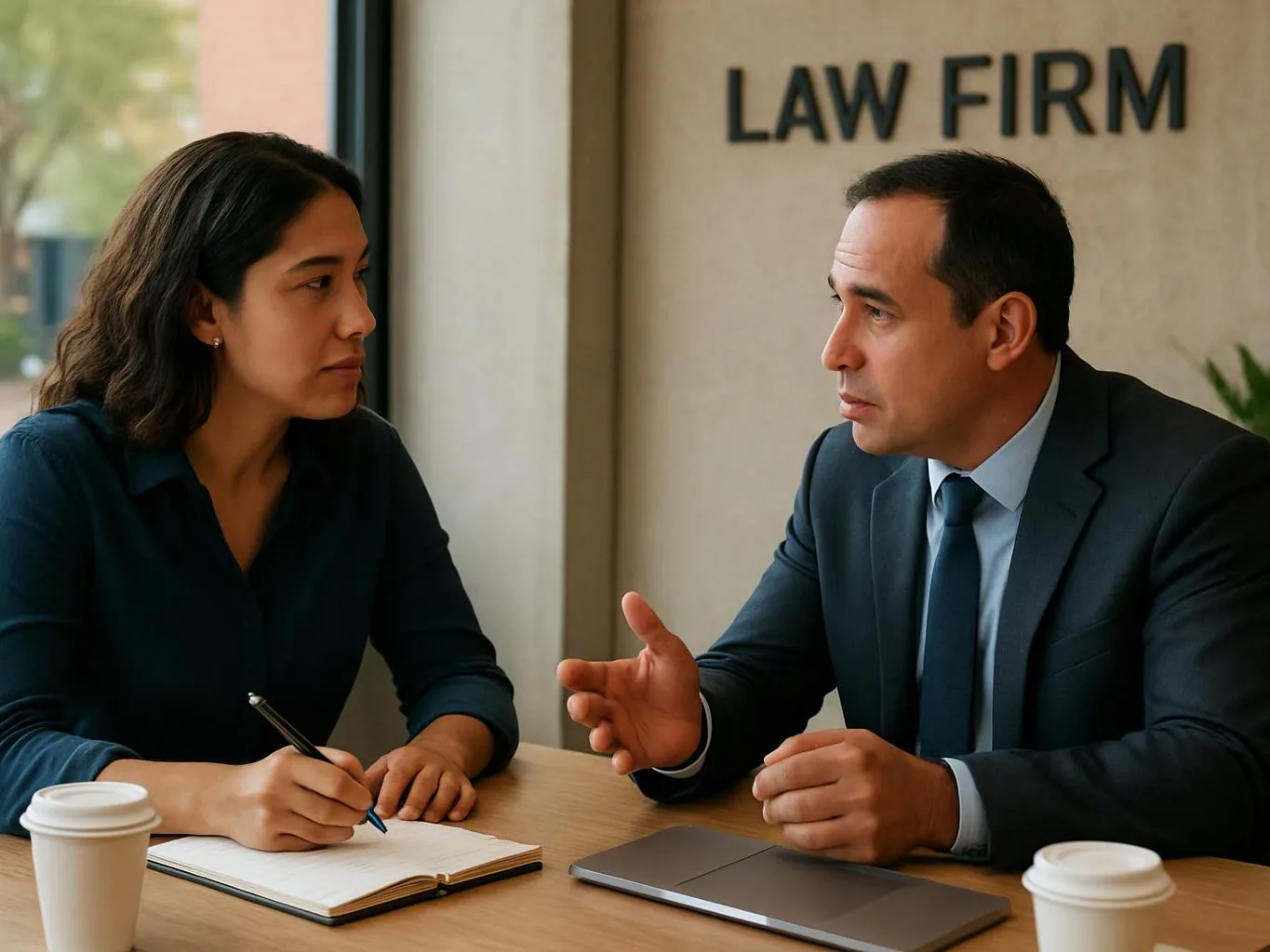 Two people in business clothes talk at a table, with a notebook, laptop, and coffee cups in a law firm office