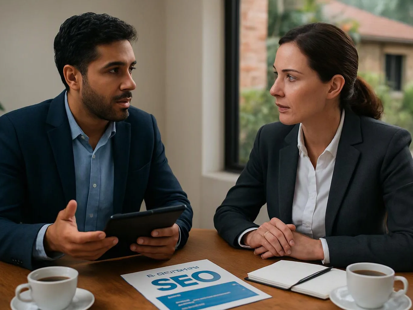 Two people in business clothes talk at a table, with a tablet, coffee cups, a notebook, and an SEO flyer visible