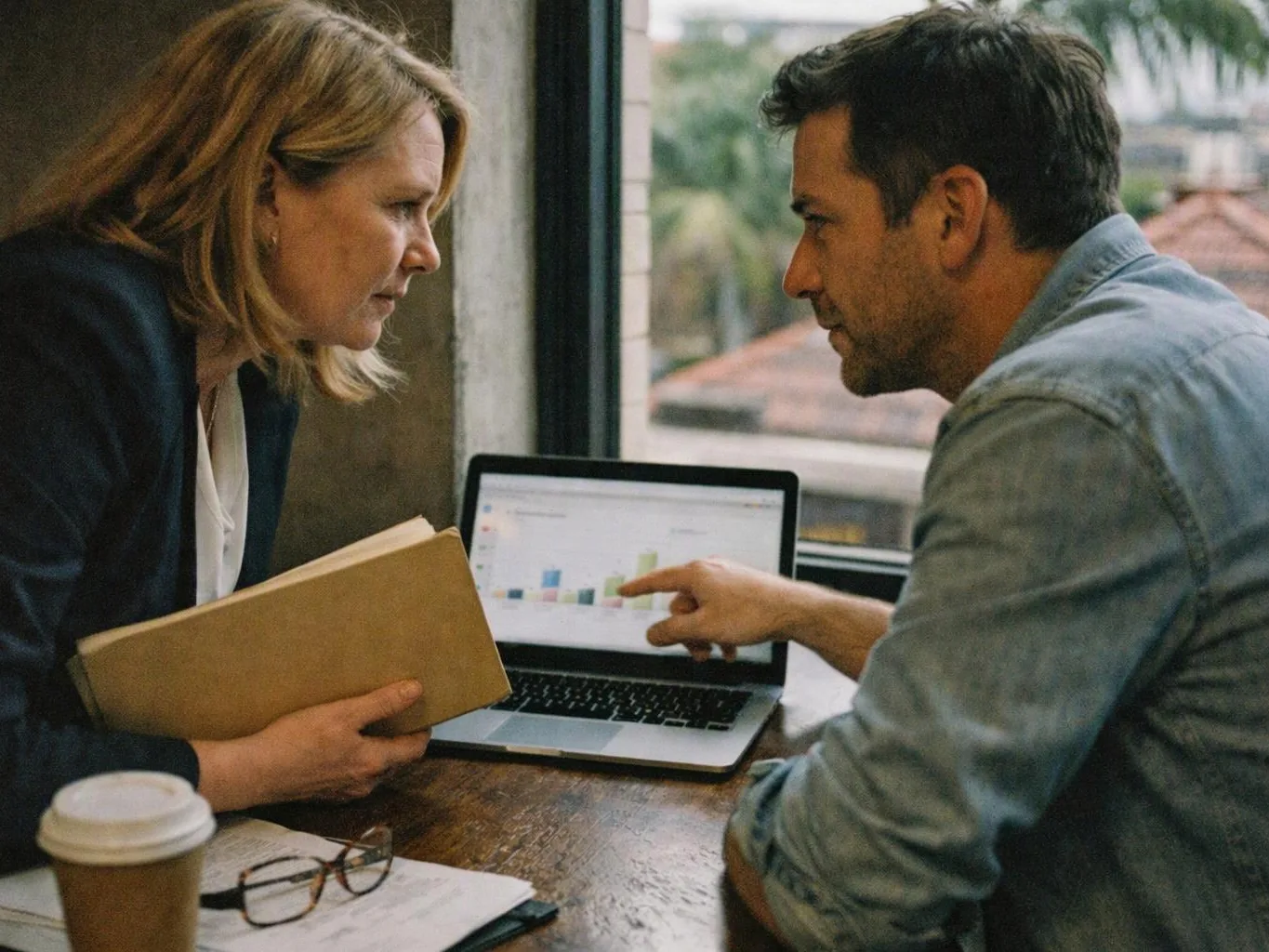 Two people lean over a laptop at a table, studying a chart while one points at the screen