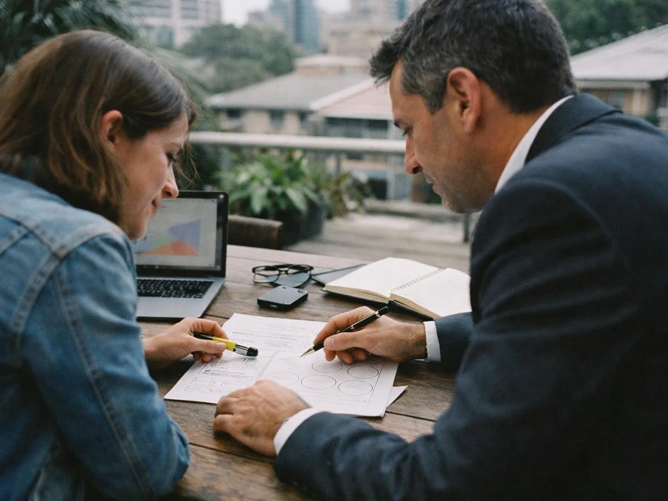 Two people lean over papers at a wooden table, reviewing sketches beside a laptop outdoors