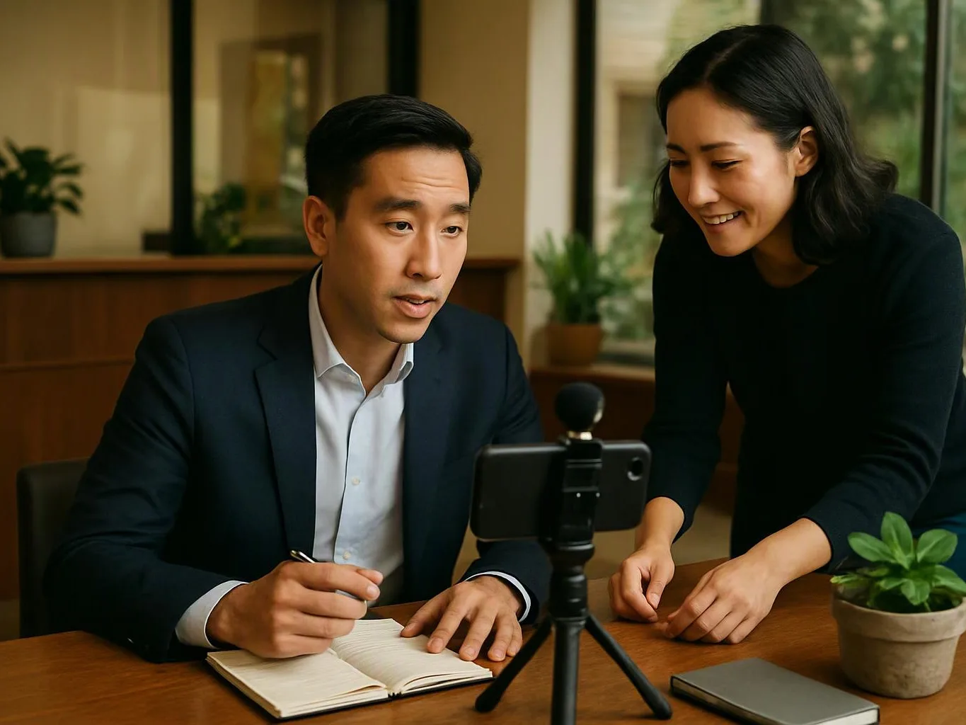 Two people look at a smartphone on a tripod while one writes in a notebook at a wooden table indoors
