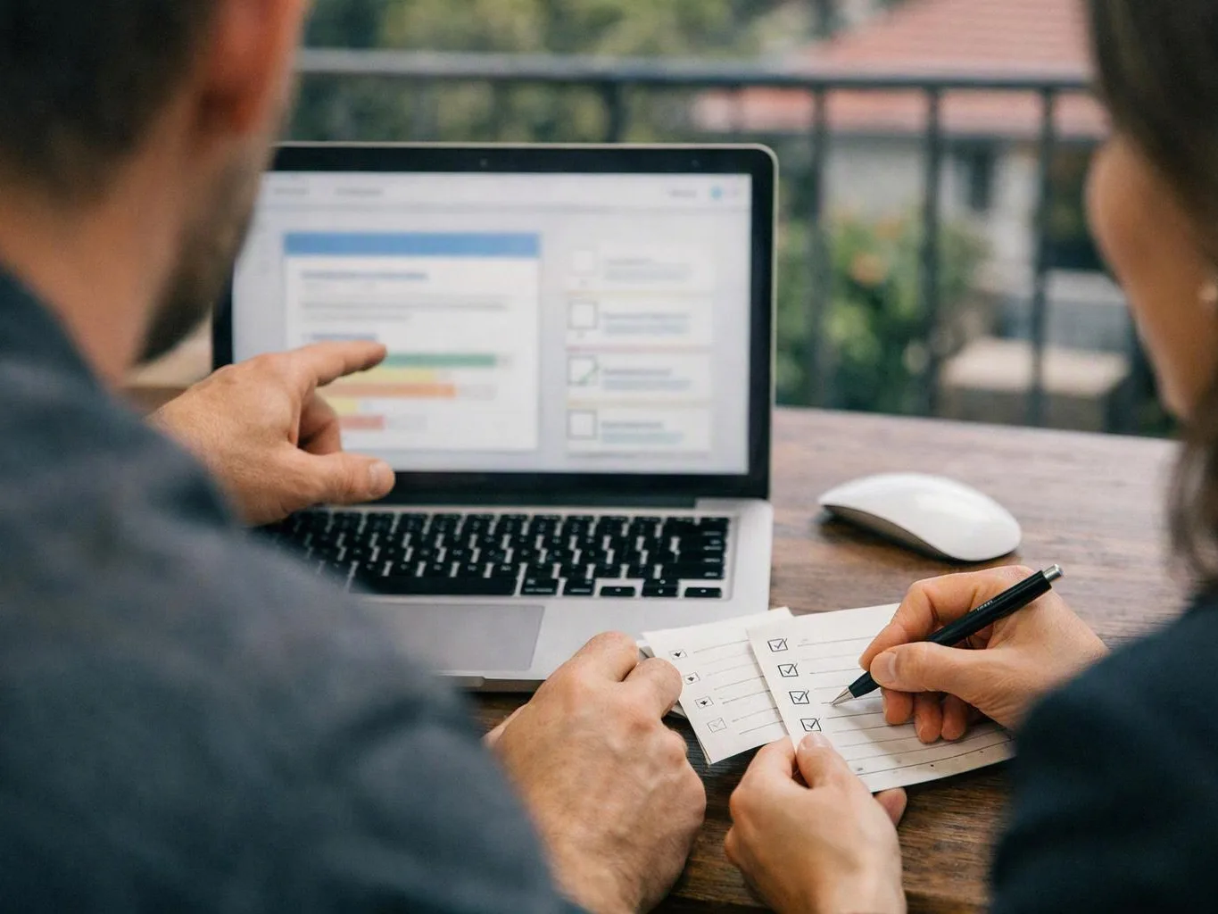 Two people review a laptop screen and check items on a small paper list at a wooden table