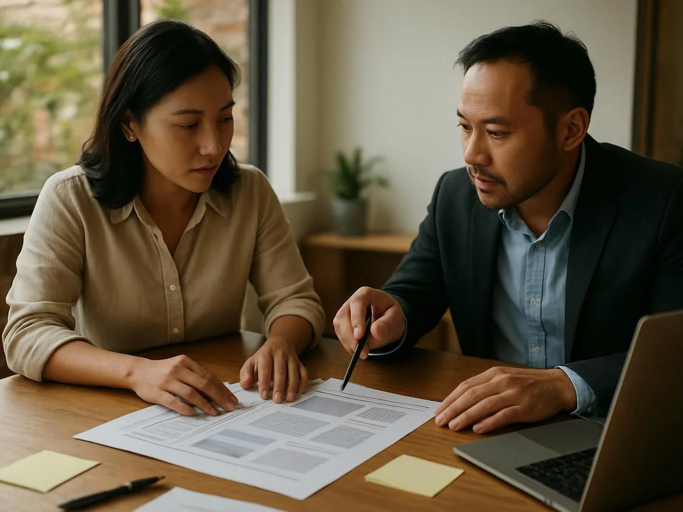 Two people review a printed document at a wooden table, with a laptop and sticky notes nearby