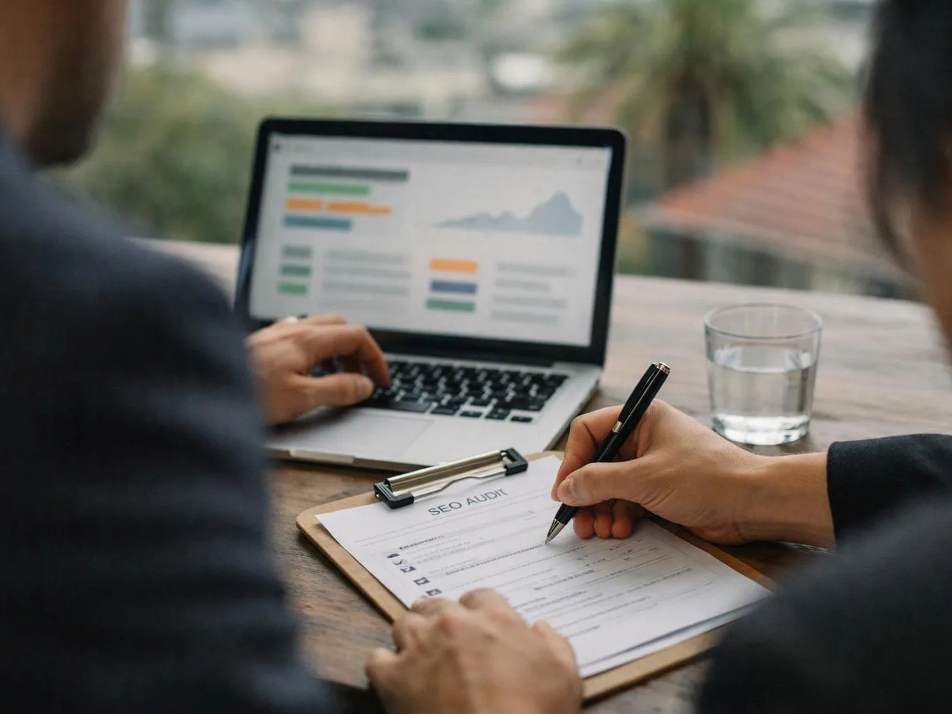 Two people review an SEO audit form beside a laptop and a glass of water at a wooden table