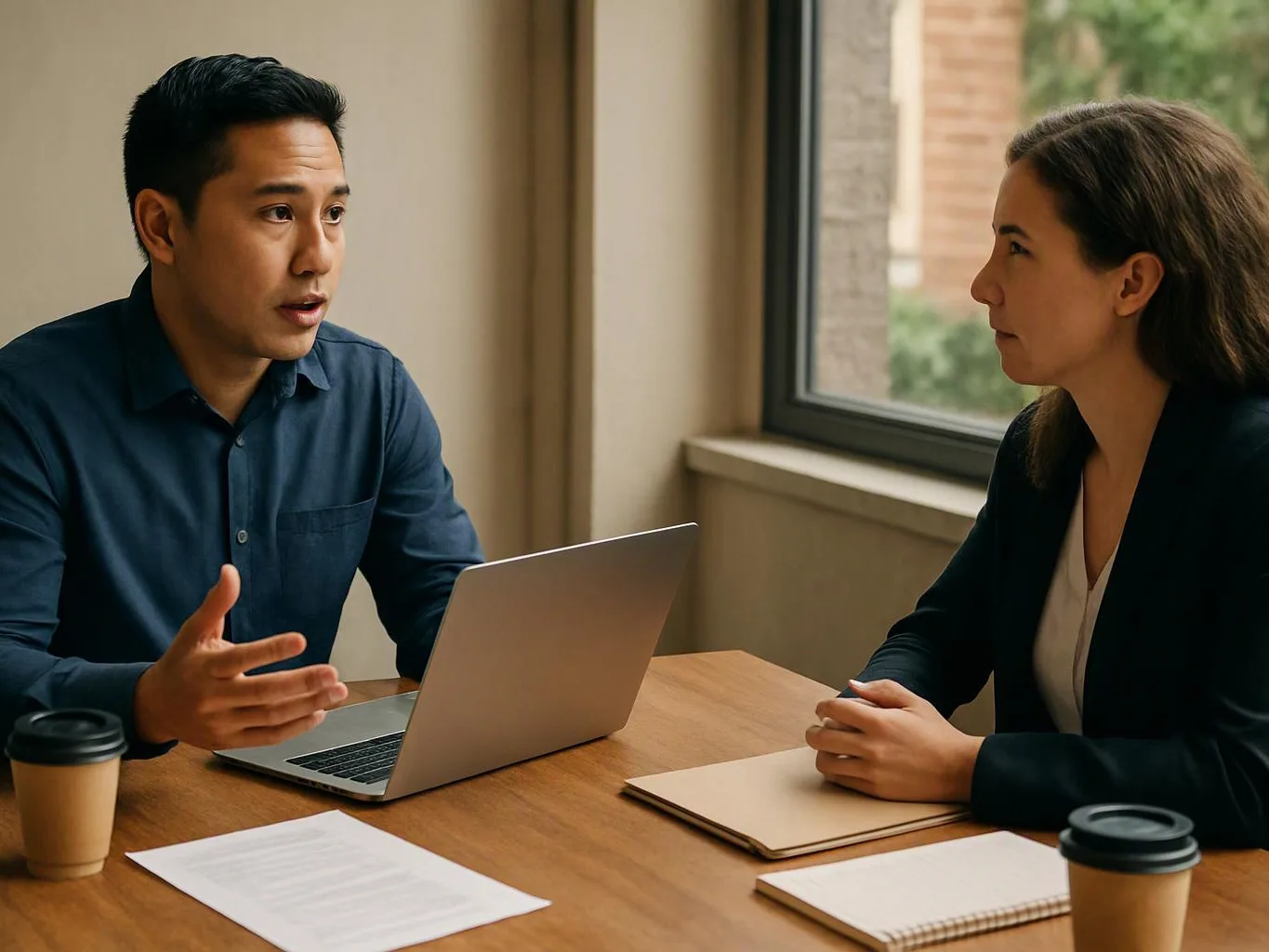 Two people sit at a table, talking across a laptop with notebooks, papers, and coffee cups nearby