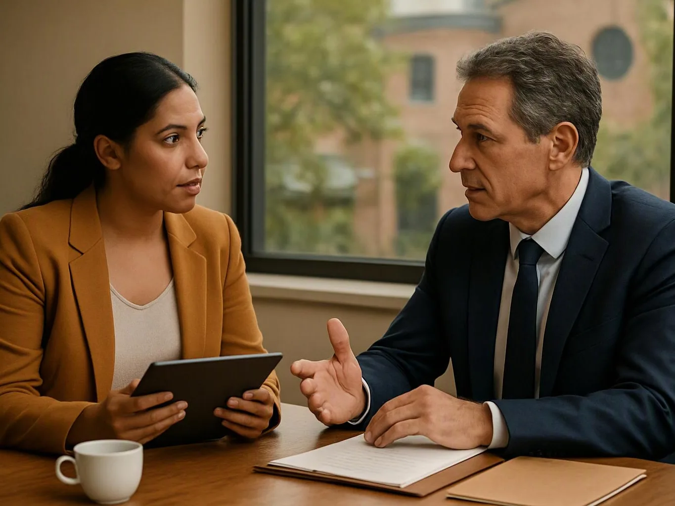 Two people sit at a table, talking while one holds a tablet and the other gestures over an open notebook