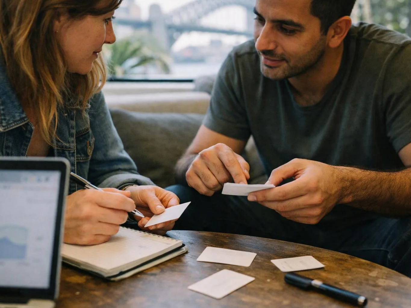 Two people sit at a table, writing on small cards and talking in a cozy room