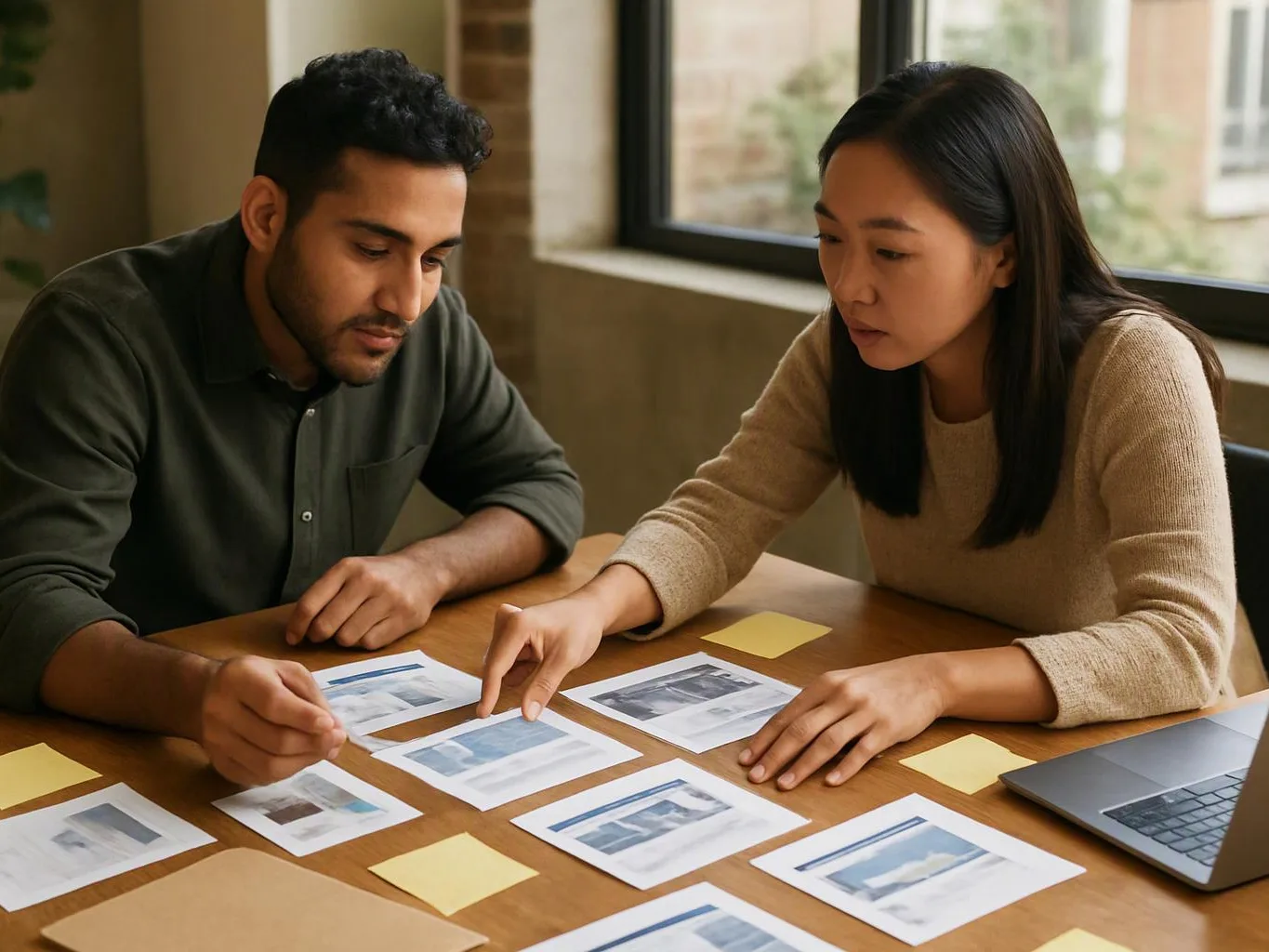 Two people study printed page mockups and sticky notes at a wooden table beside a laptop