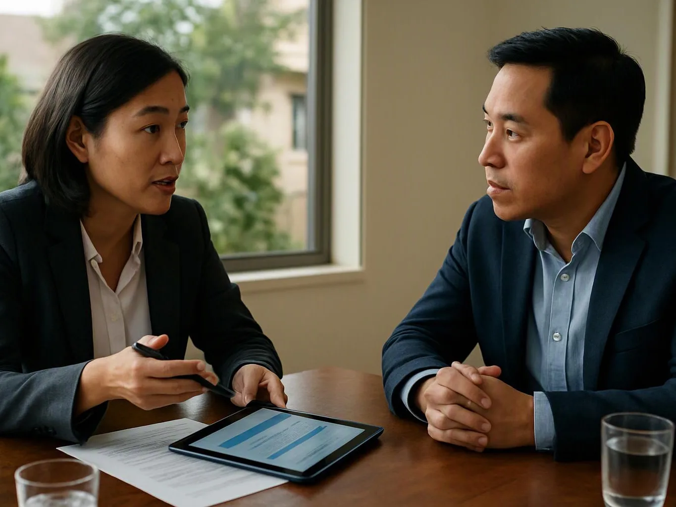 Two people in suits discuss a tablet and papers at a wooden table by a window