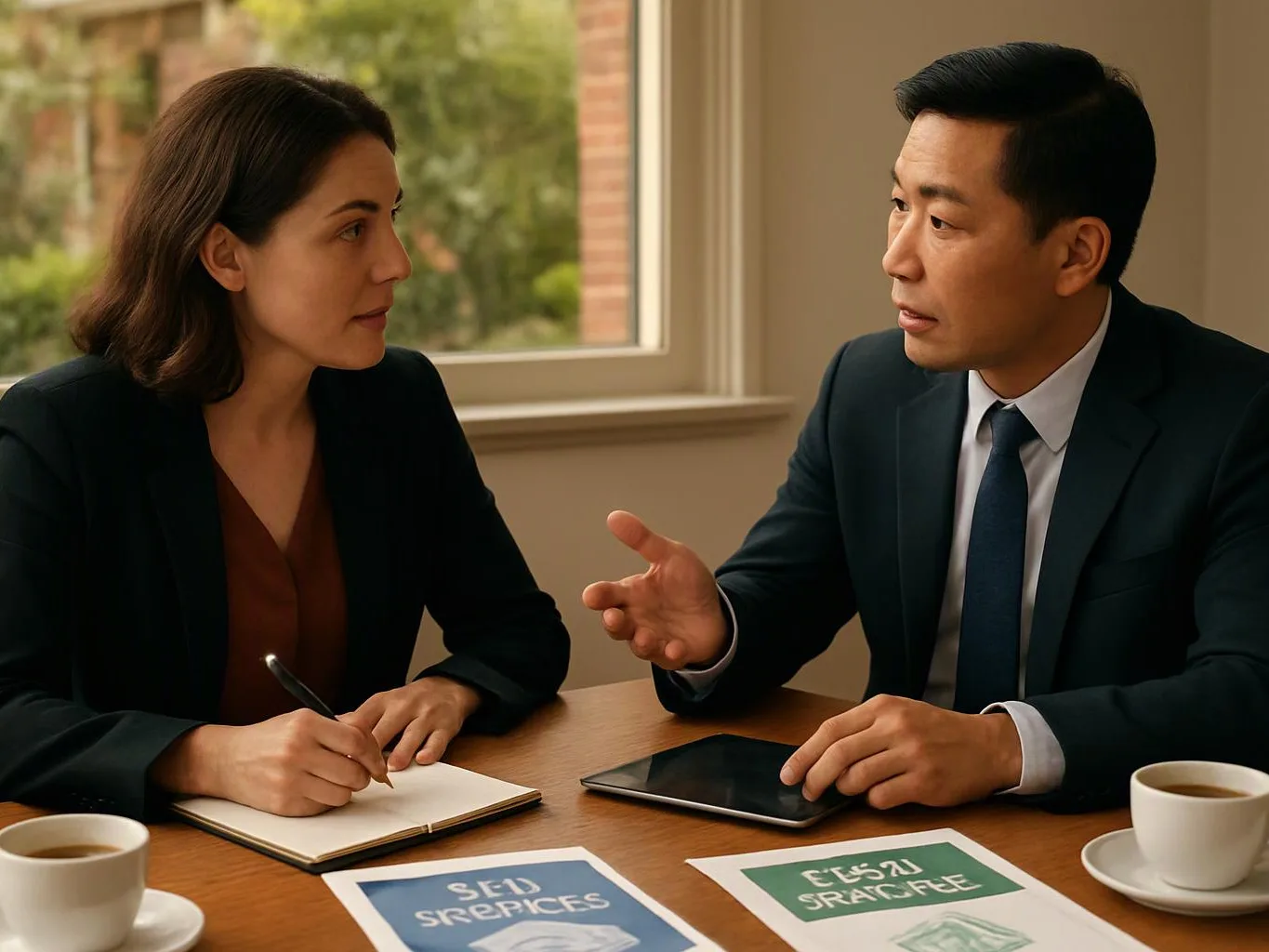 Two people in suits talk at a table with notebooks, a tablet, coffee cups, and printed papers by a window