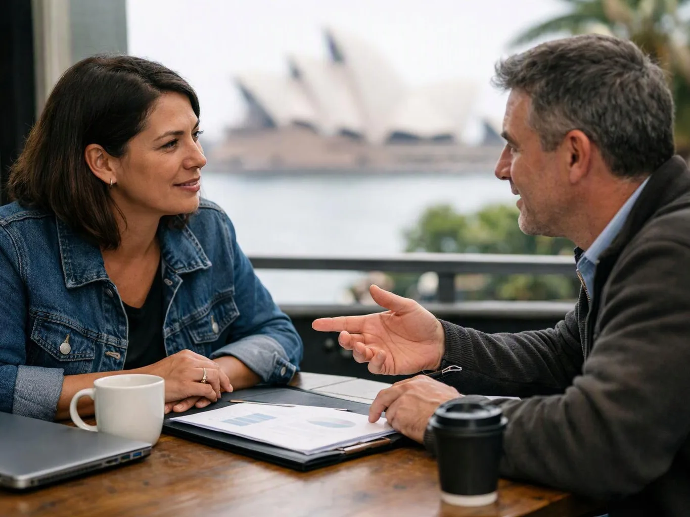 Two people talk across a table with papers, a laptop, and coffee, with a harbor and sail-shaped buildings behind them