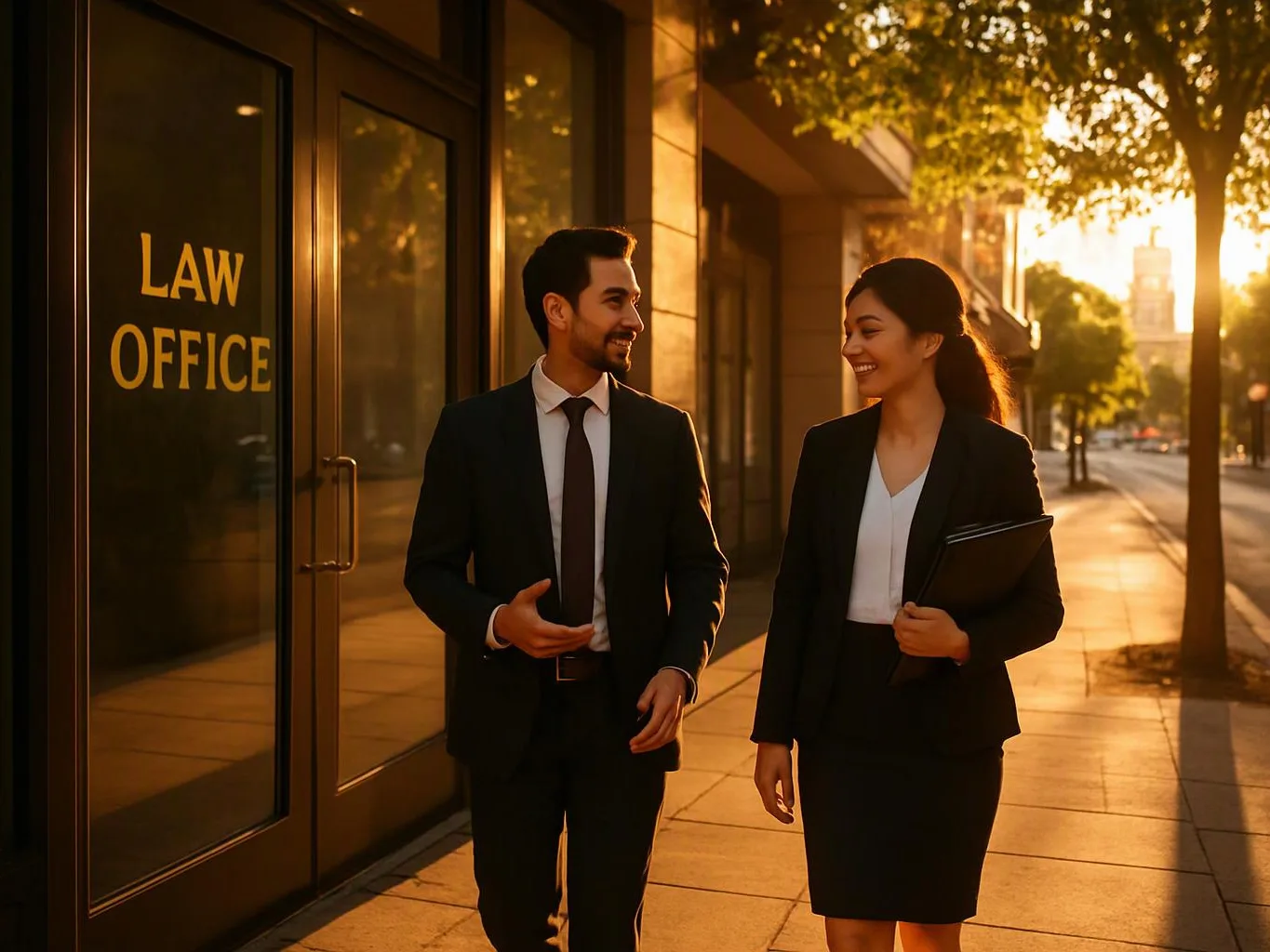 Two suited professionals walk past a glass door labeled " " on a sunlit sidewalk