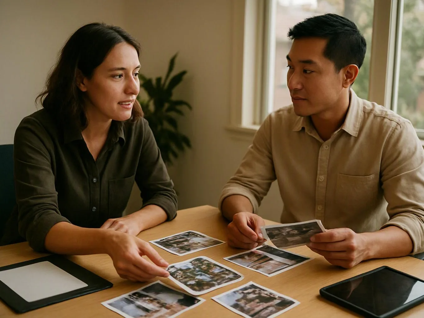 A woman and man sit at a table reviewing printed photos in a bright room