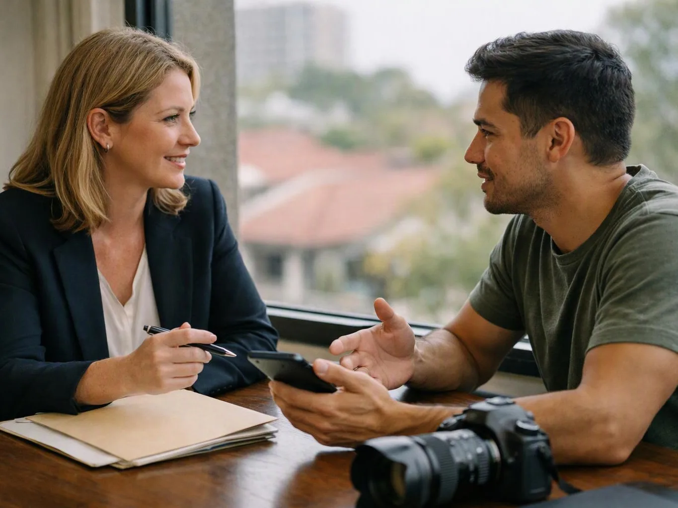 A woman and man sit at a table talking, with a notebook, phone, and camera in front of them