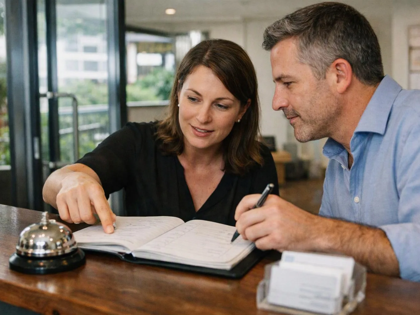 A woman points at an open ledger while a man writes beside her at a wooden counter