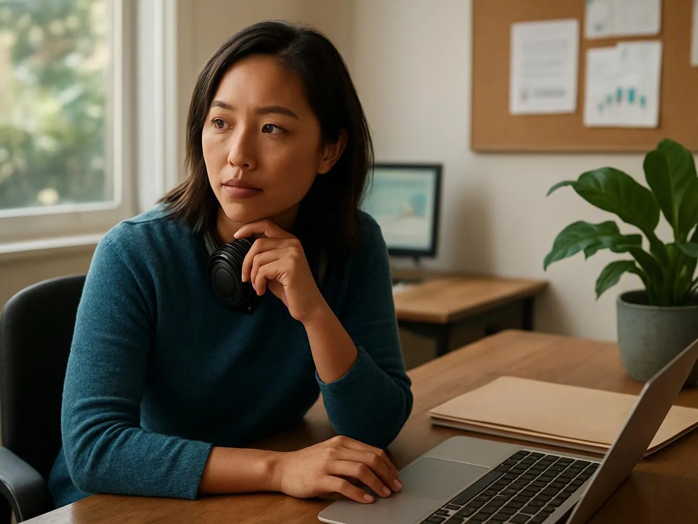 A woman sits at a desk with headphones, looking aside beside a laptop, papers, and a potted plant