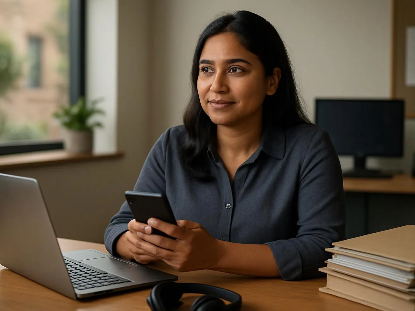 A woman sits at a desk holding a phone beside an open laptop, with books and a monitor behind her