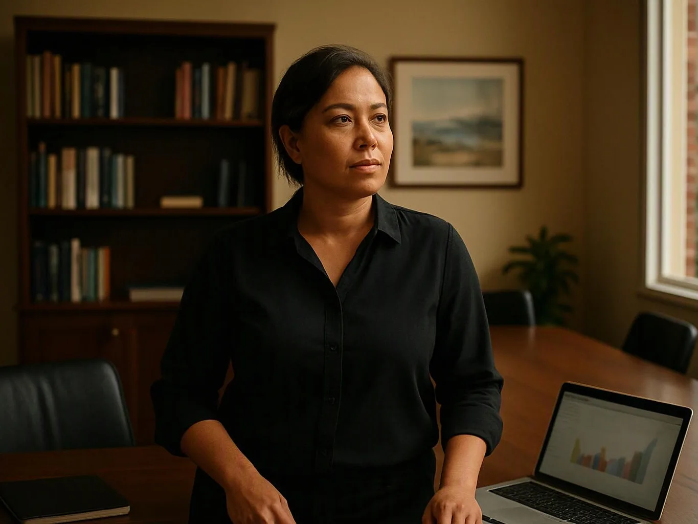 A woman stands in a meeting room beside a laptop, bookshelves, framed art, and a sunlit window