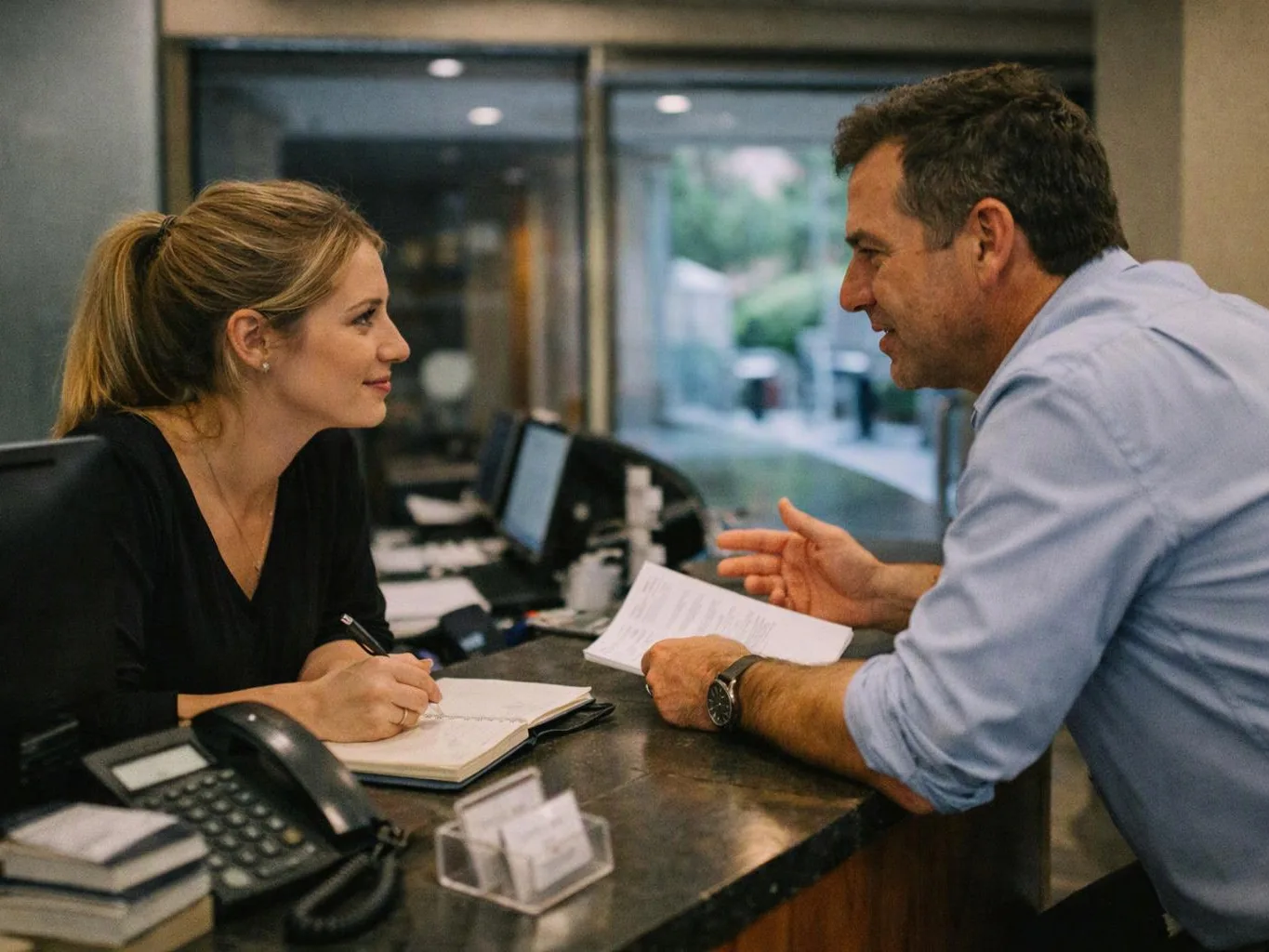 A woman takes notes while talking with a man across a reception desk in an office lobby