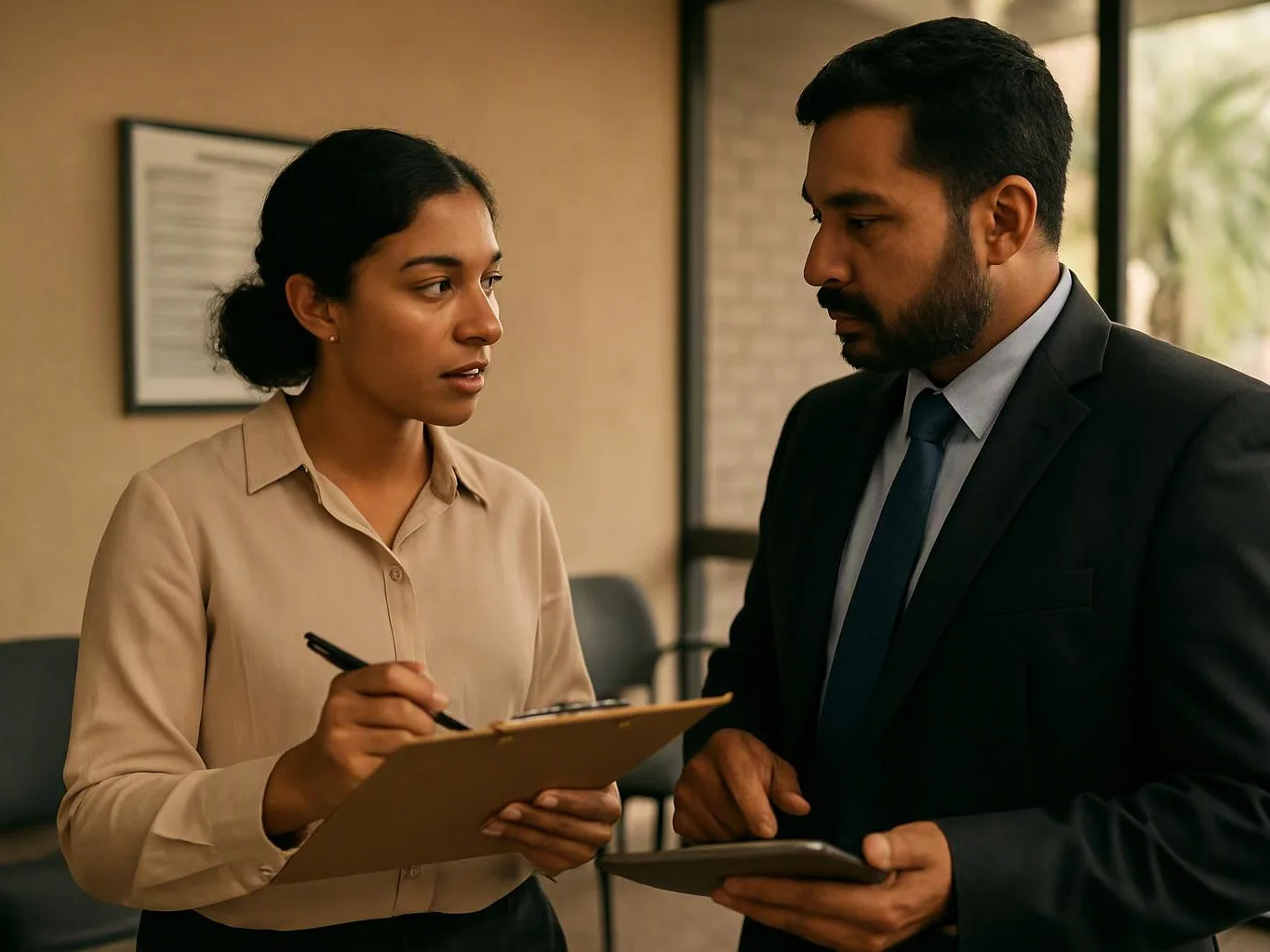 A woman writes on a clipboard while speaking with a man holding a tablet in an office hallway